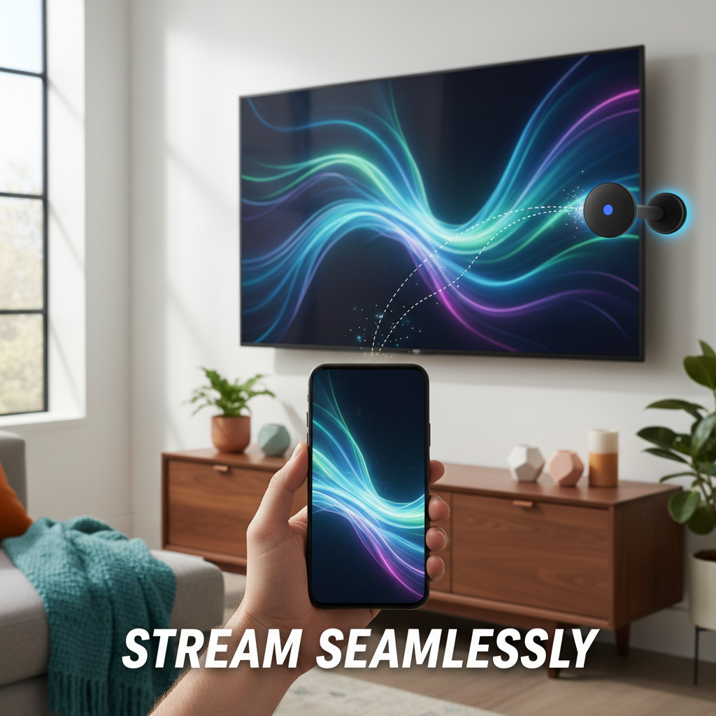 Mão segurando um celular espelhando conteúdo para a TV via Chromecast