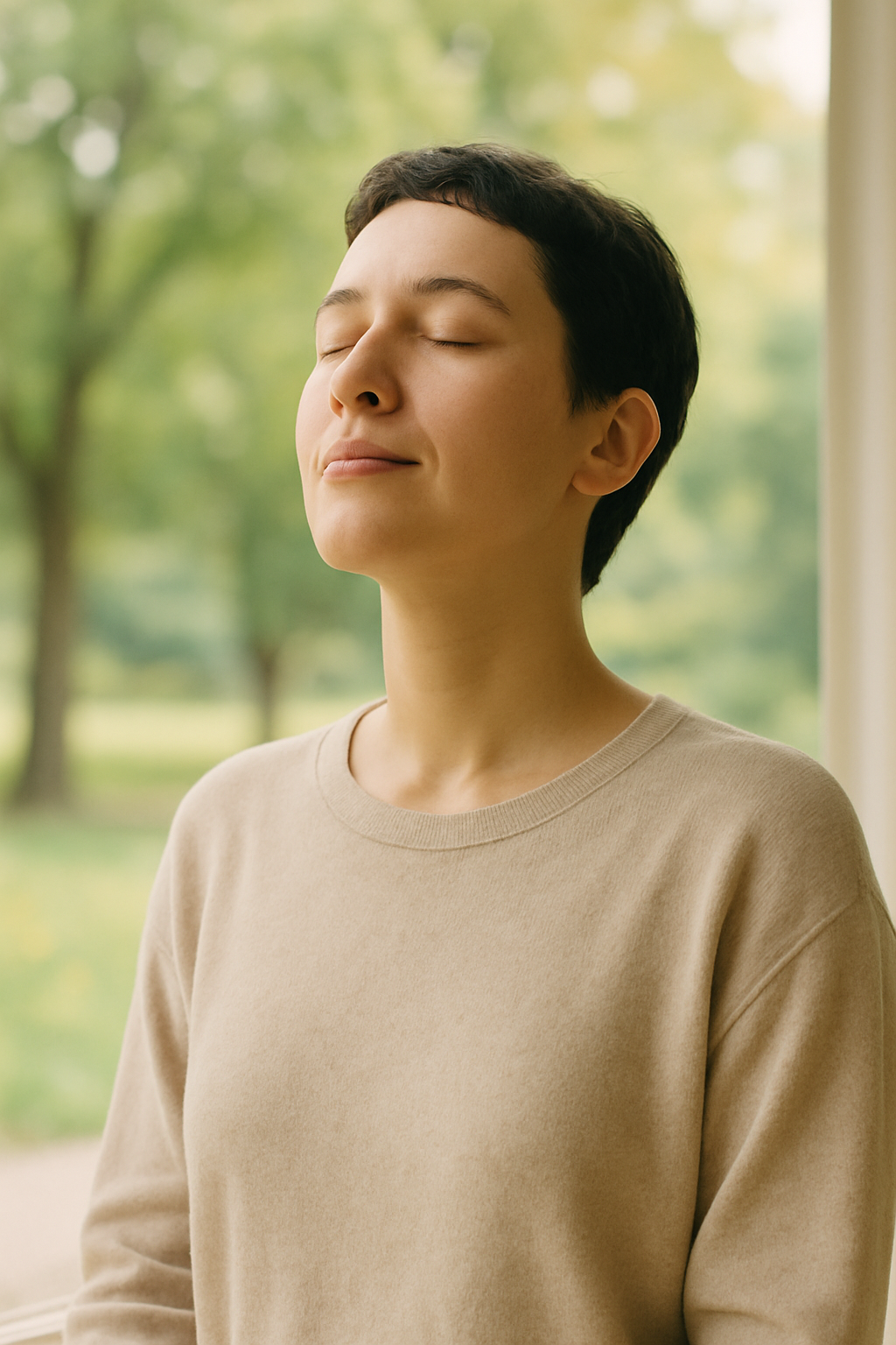 Pessoa em um momento de calma, praticando pausas de respiração em um ambiente sereno, promovendo o bem-estar diário.