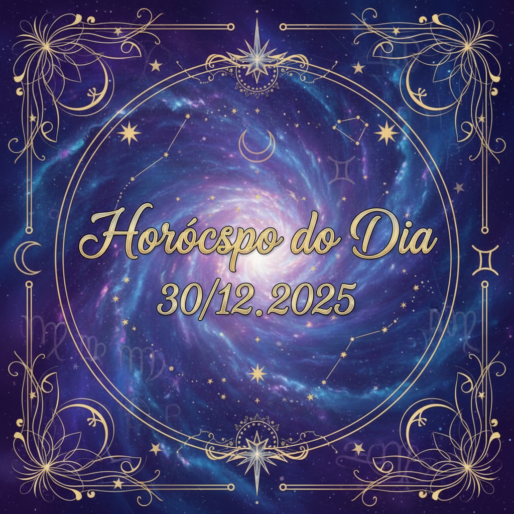 Horóscopo do Dia 30/12/2025: Estética mística com tons de roxo e azul, detalhes em ouro e prata.