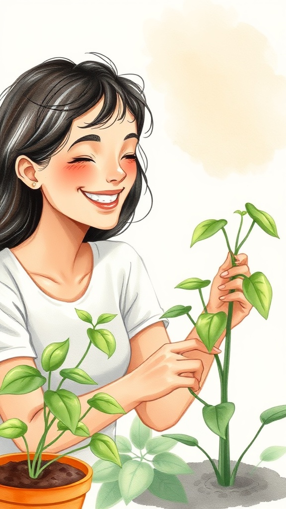 Ilustração de pessoa cuidando de planta, representando como criar hábitos saudáveis.