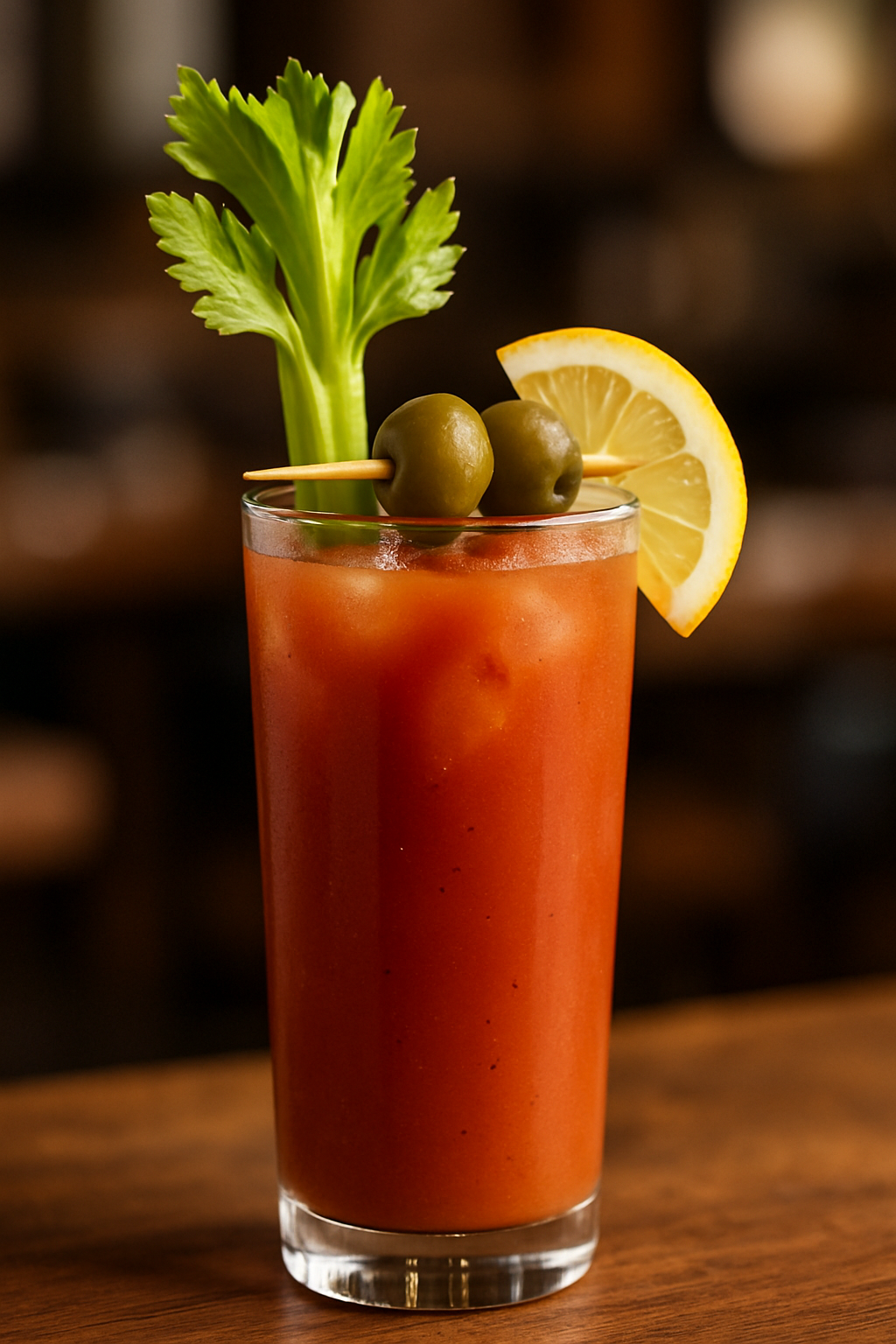 Um coquetel clássico Bloody Mary ricamente decorado com aipo, limão e azeitonas, ideal para amantes de coquetéis.