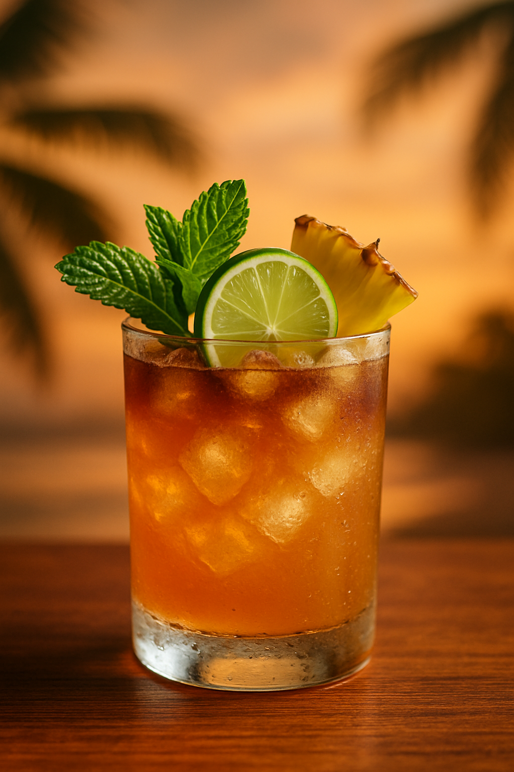 Um coquetel Mai Tai tropical clássico com rum, licor de laranja e sucos cítricos, perfeito para os amantes de coquetéis.