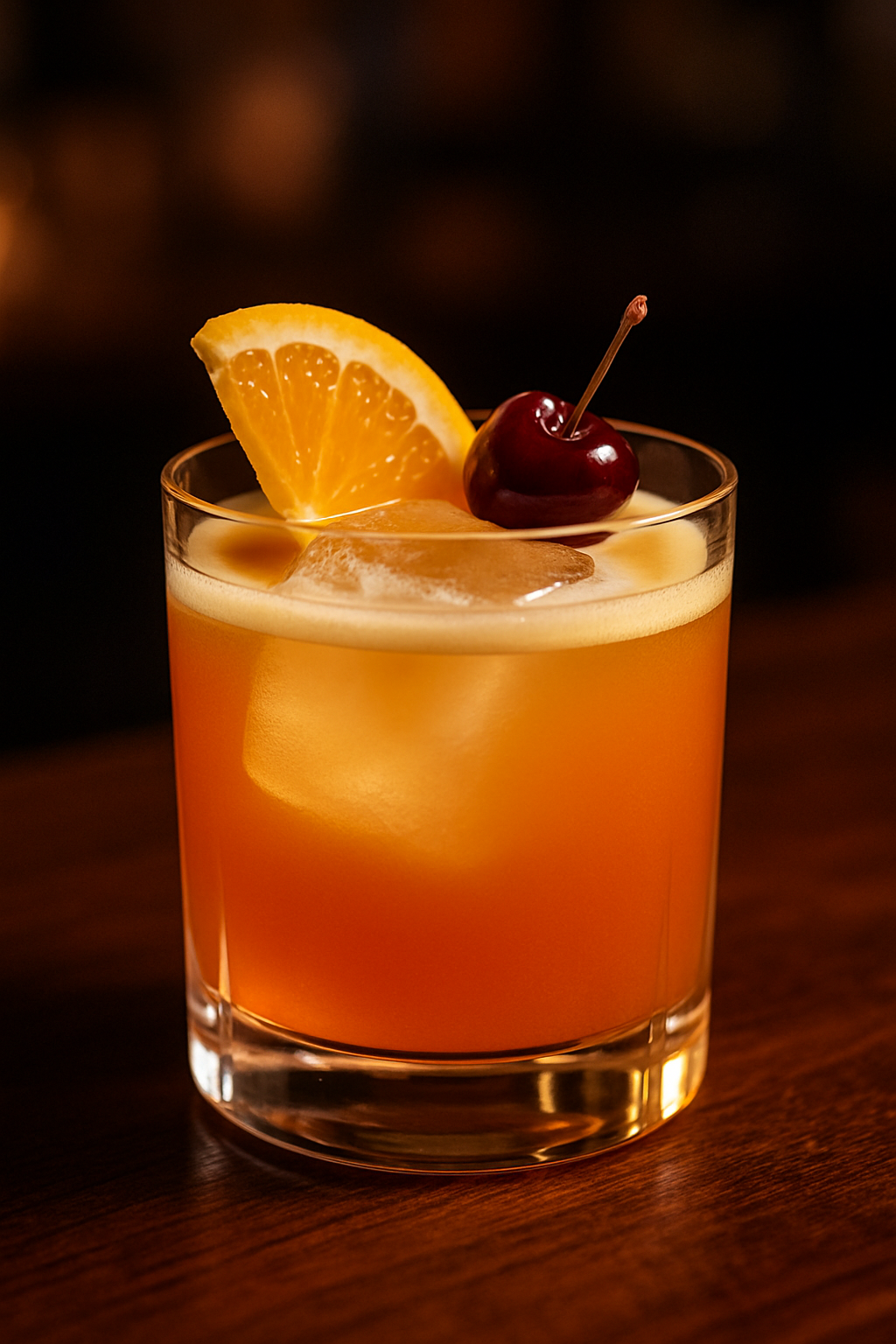 Amaretto Sour: Descubra o Clássico Entre os Coquetéis 2 Amaretto Sour, um dos coquetéis mais clássicos, servido em copo baixo com gelo, fatia de laranja e cereja.