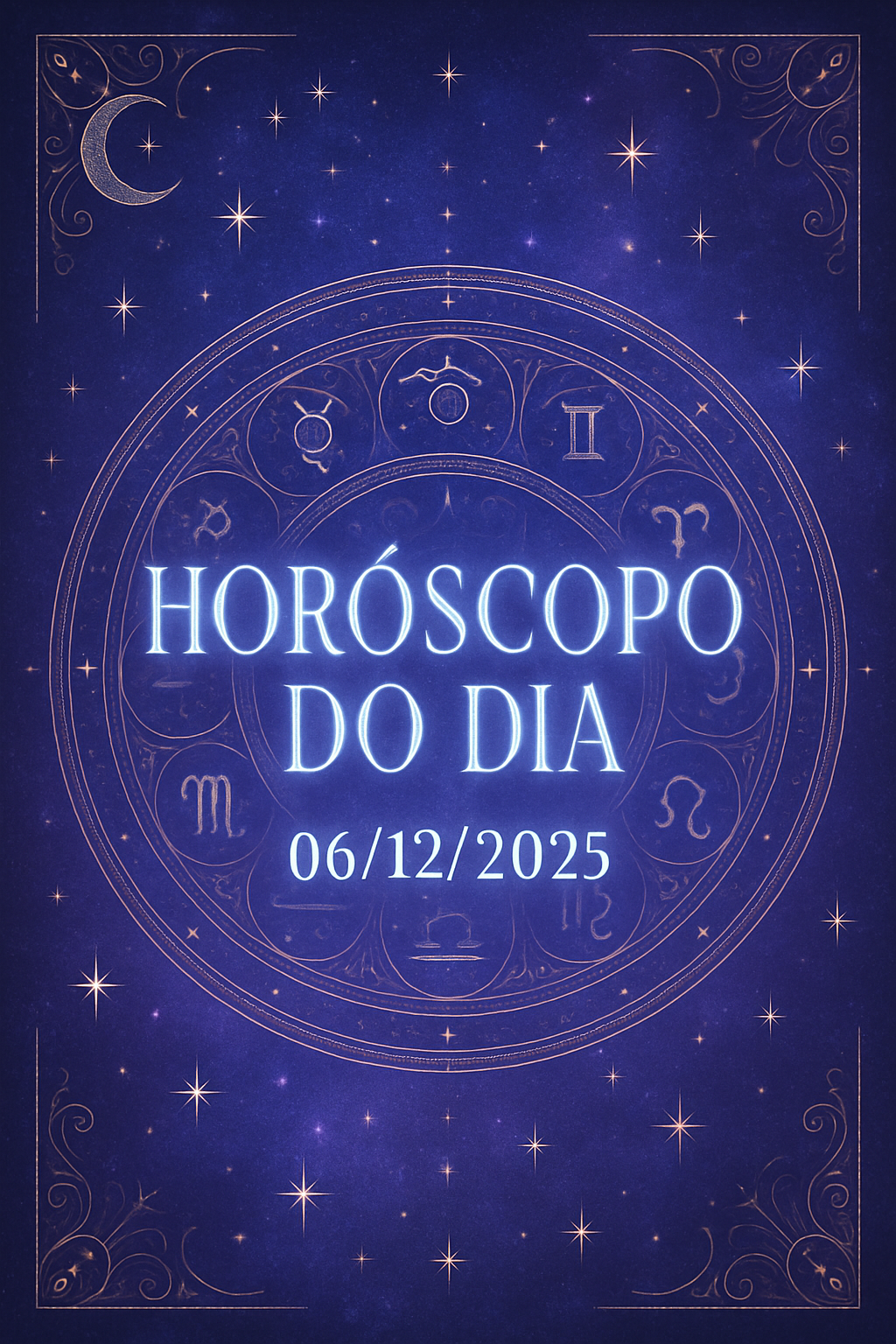 Horóscopo Zen do Dia 06 de Dezembro de 2025 com estética mística e cores roxas e azuis.