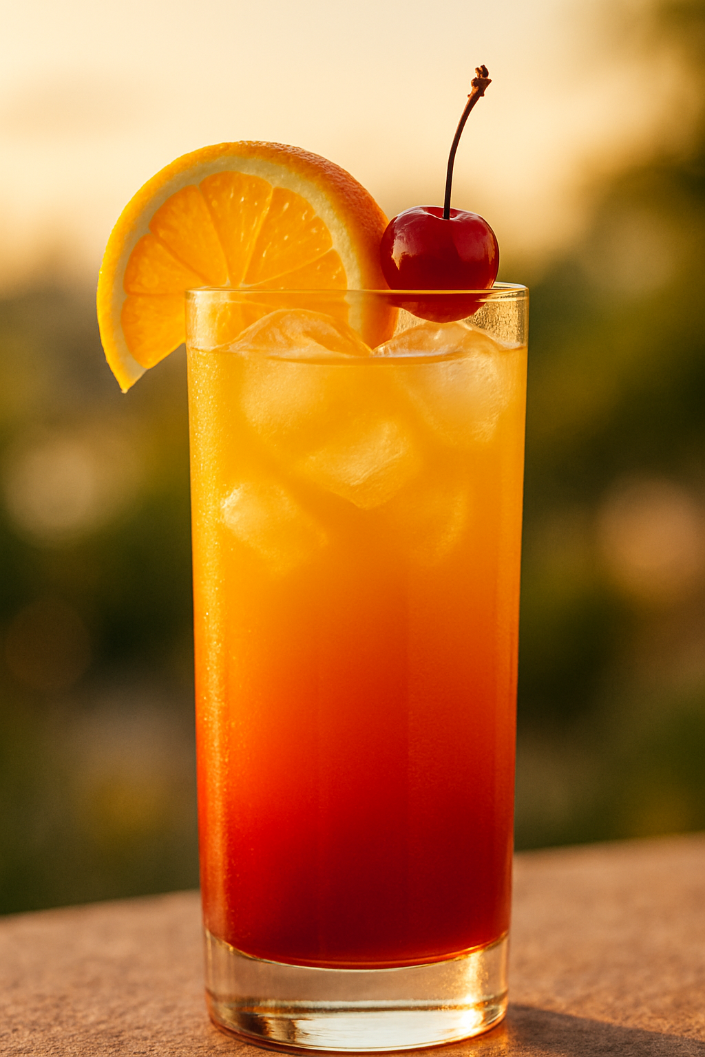 Tequila Sunrise: O Coquetel Perfeito para Seus Dias de Sol 🍹 2 Vibrante coquetel Tequila Sunrise com camadas distintas de suco de laranja e grenadine, guarnecido com fatia de laranja e cereja. Uma obra de arte entre os coquetéis.