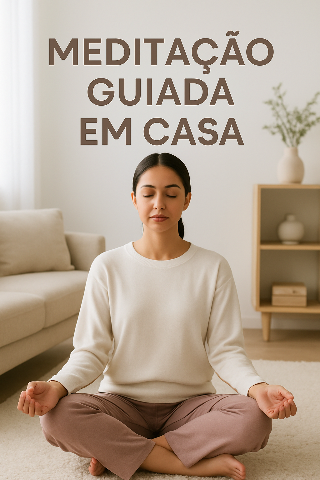 Pessoa meditando em casa em uma posição confortável com fones de ouvido, transmitindo paz e serenidade.