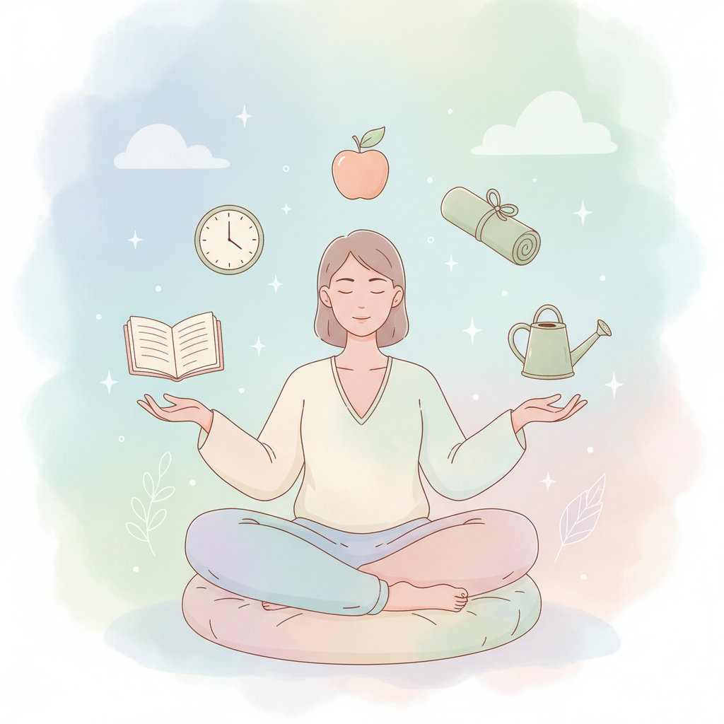 Ilustração minimalista de uma pessoa em equilíbrio, com elementos como relógio, maçã e tapete de yoga, representando gestão do tempo e bem-estar.