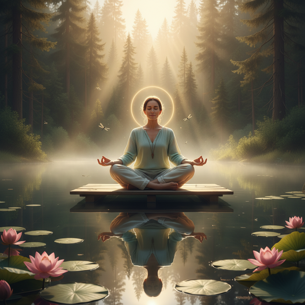 Pessoa meditando em um ambiente tranquilo, simbolizando a prática de mindfulness e saúde preventiva leve.