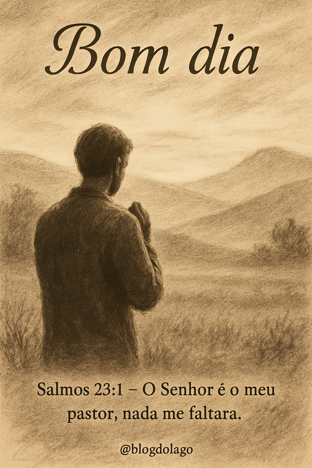 Desenho a carvão/lápis em tons sépia, mostrando uma figura humana de costas em oração em uma paisagem natural serena. No topo, a saudação 'Bom dia'. No rodapé, 'Salmos 23:1 – O Senhor é o meu pastor; nada me faltará.'. Marca d’água '@blogdolago' em um canto.