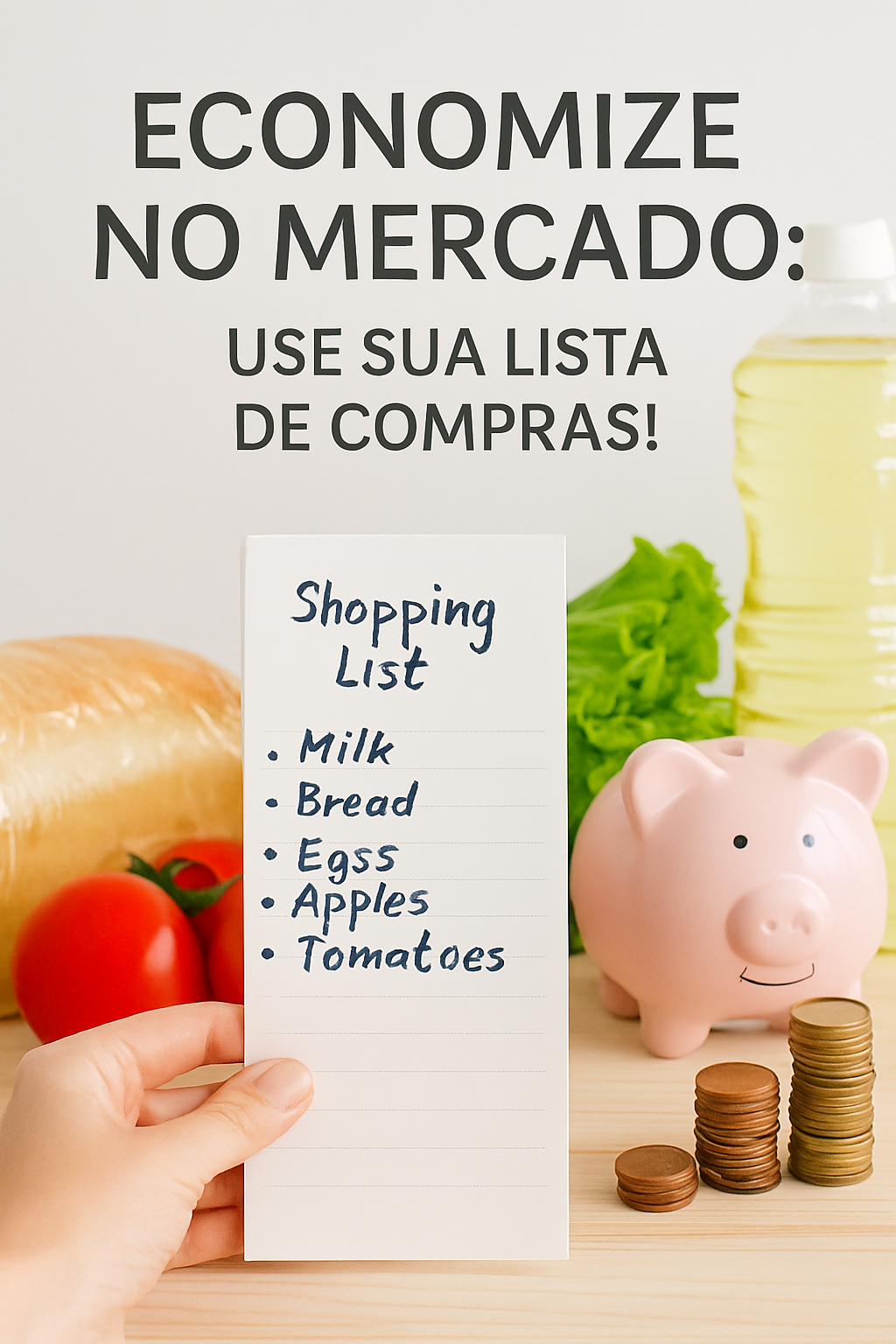 Uma mão escrevendo em um caderno com uma caneta, simbolizando o ato de criar uma lista de compras para economizar no mercado. Ao fundo, um carrinho de compras borrado em um corredor de supermercado.