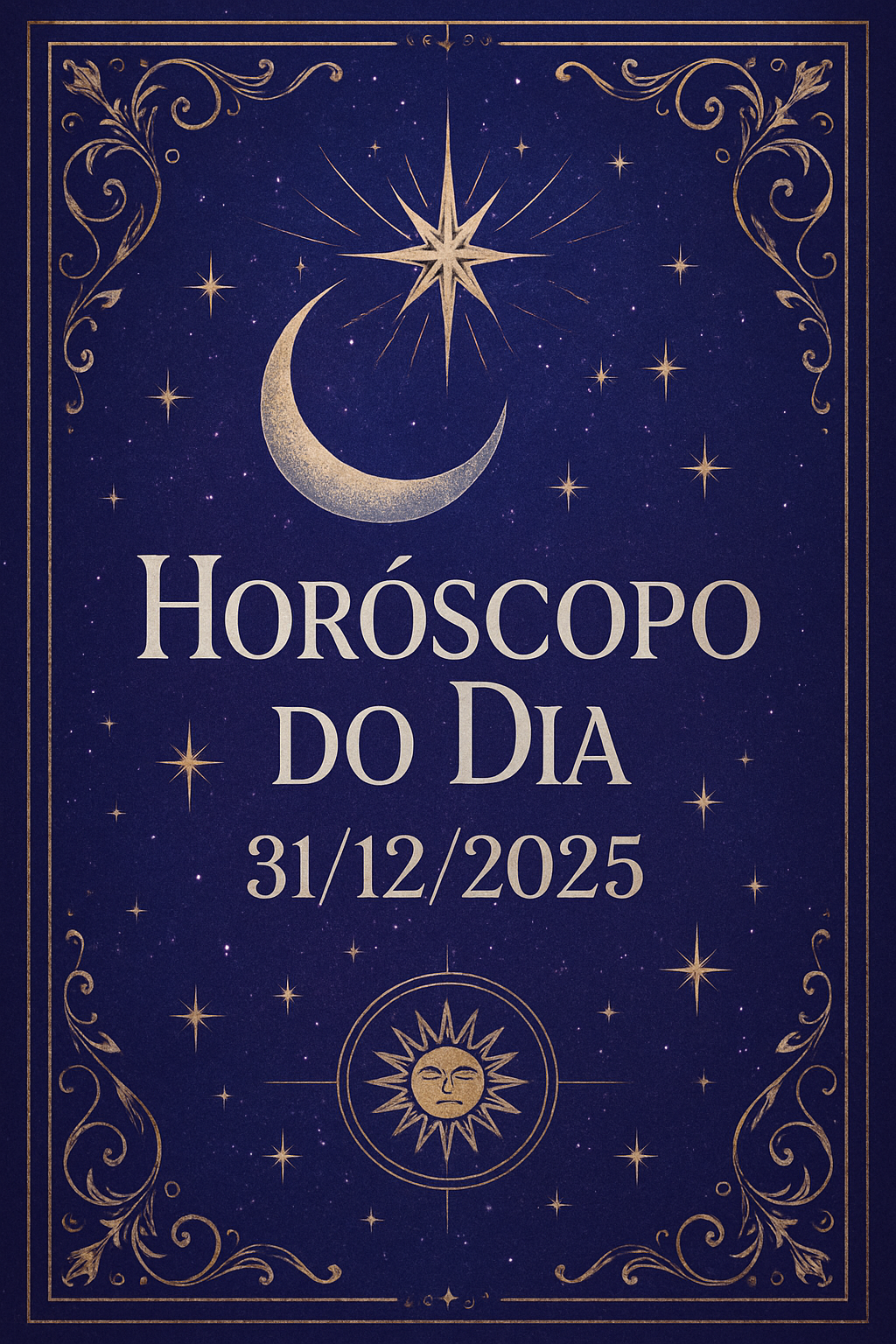 Horóscopo do Dia 31/12/2025 - Estética mística com tons de roxo e azul, detalhes em ouro e prata.