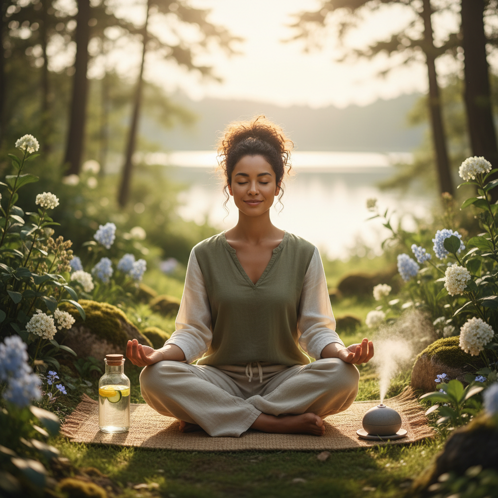 Pessoa serena praticando saúde preventiva ao ar livre, em um estilo de vida equilibrado.