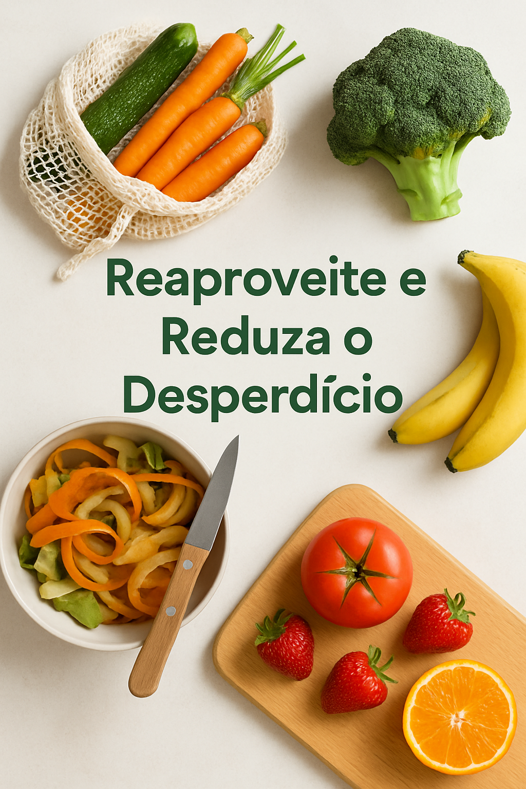 Uma variedade de alimentos frescos e restos de vegetais sendo preparados em uma cozinha limpa, com foco em ingredientes que podem ser reutilizados para reduzir o desperdício.